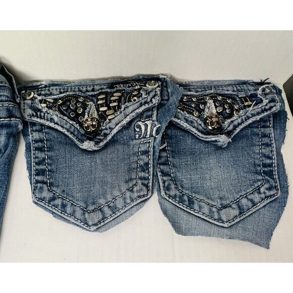 Miss Me Jeans Patches Rhinestone Pockets Zipper Buttons Logo Upcycle Thrift Flip - Picture 2 of 8